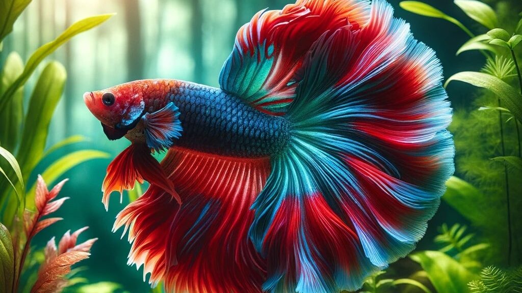 A betta fish, displaying its vibrant red and blue colors, in a planted aquarium.