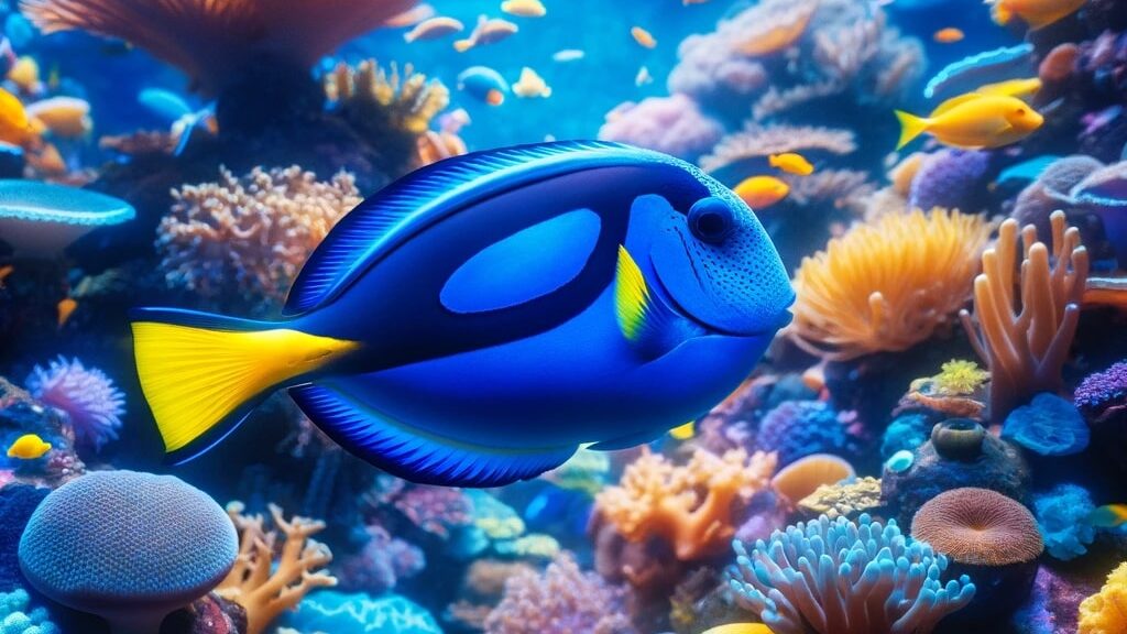 A blue tang fish, with its striking blue body and yellow tail, swimming in a coral-rich aquarium.