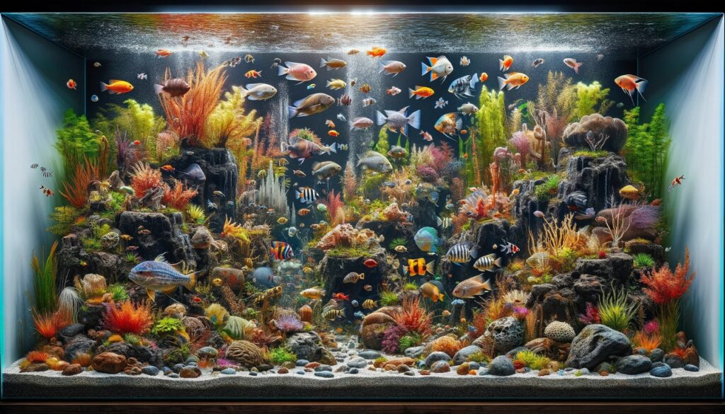 A detailed and colorful image of a warm water fish aquarium.
