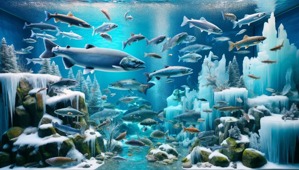 A detailed image of an aquarium scene representing Coldwater fish species