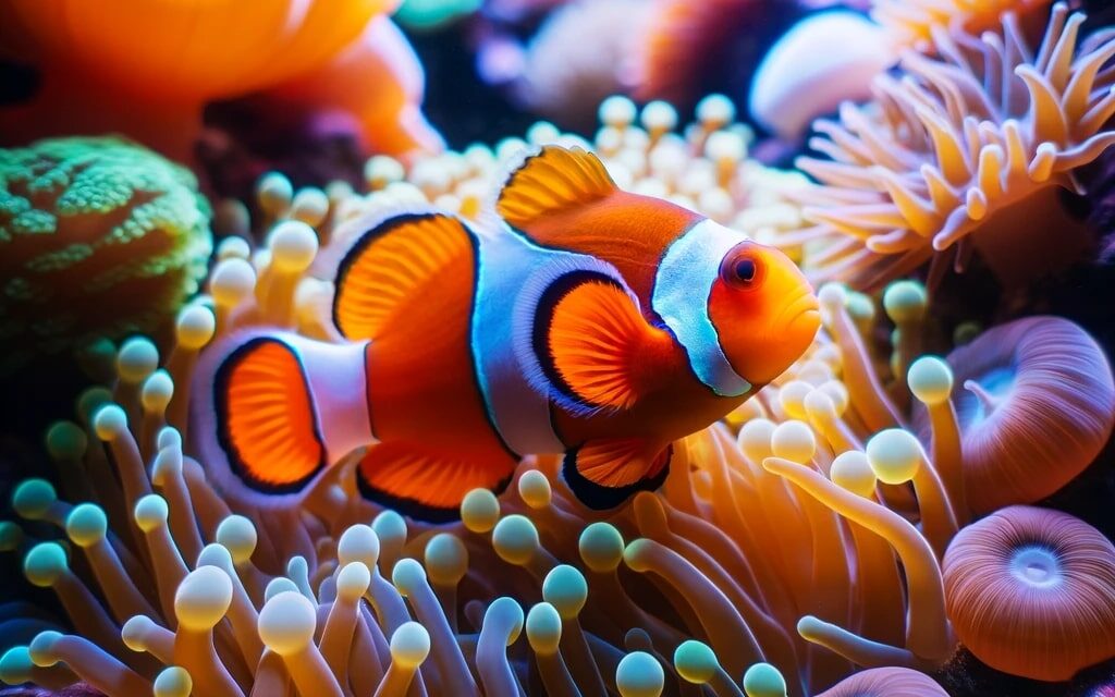 A vibrant clownfish swimming among sea anemones in an aquarium