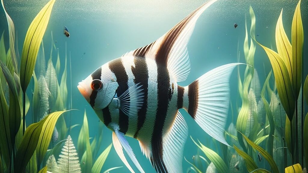 Angelfish with striking black and white stripes, gracefully swimming among tall aquatic plants in an aquarium.
