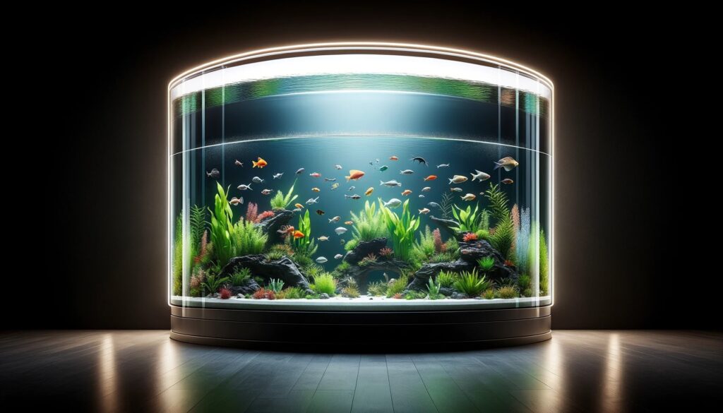 a bow-front aquarium showcasing the curved glass front