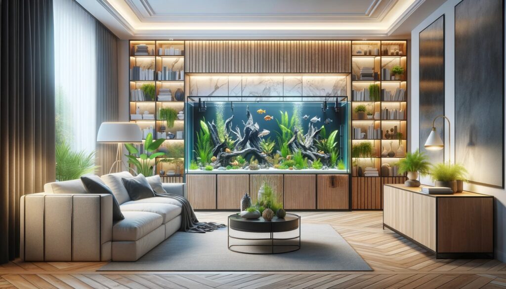 aquarium integrated into a living room setting