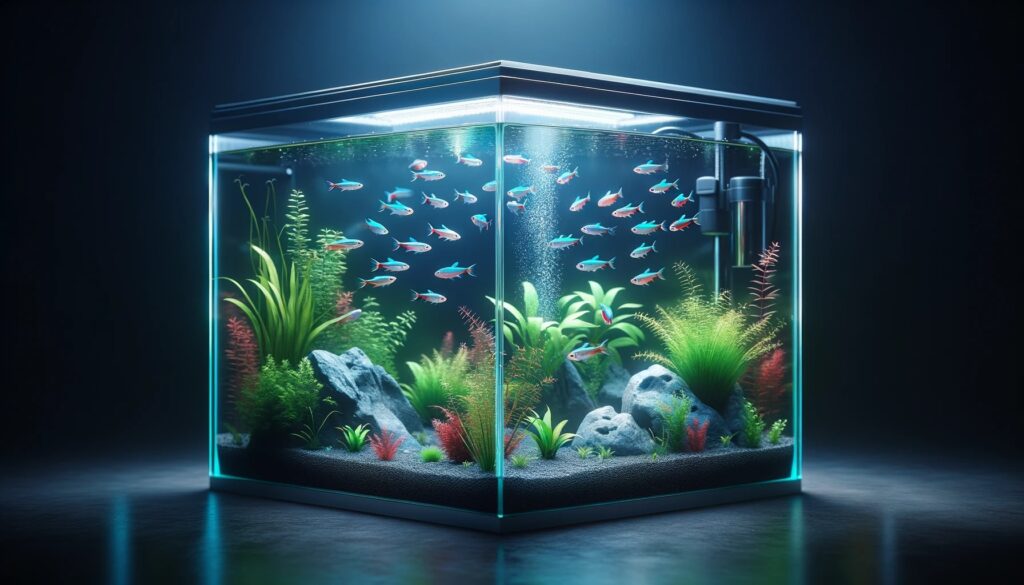 elegantly decorated 10-gallon tank with neon tetras swimming