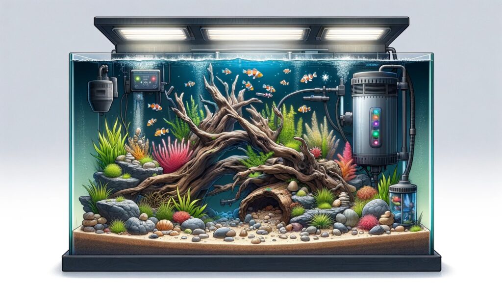 fully equipped saltwater aquarium, showing a filter, heater, LED lighting, and beautifully arranged aquascaping with rocks