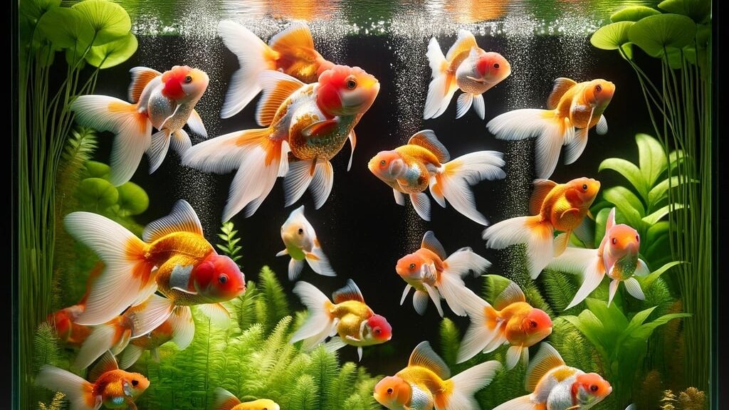 group of goldfish in a spacious, well-planted tank, showcasing their orange and white patterns.