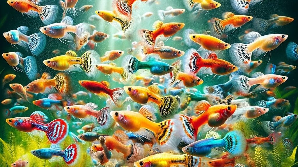 school of colorful guppies, with their distinctive tails, swimming in a lively community tank.