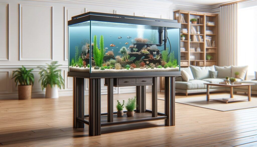 sturdy aquarium stand supporting a large, fully-equipped aquarium