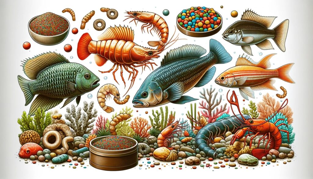 various types of fish food like brine shrimp, flakes, and pellets, with different species of saltwater fish