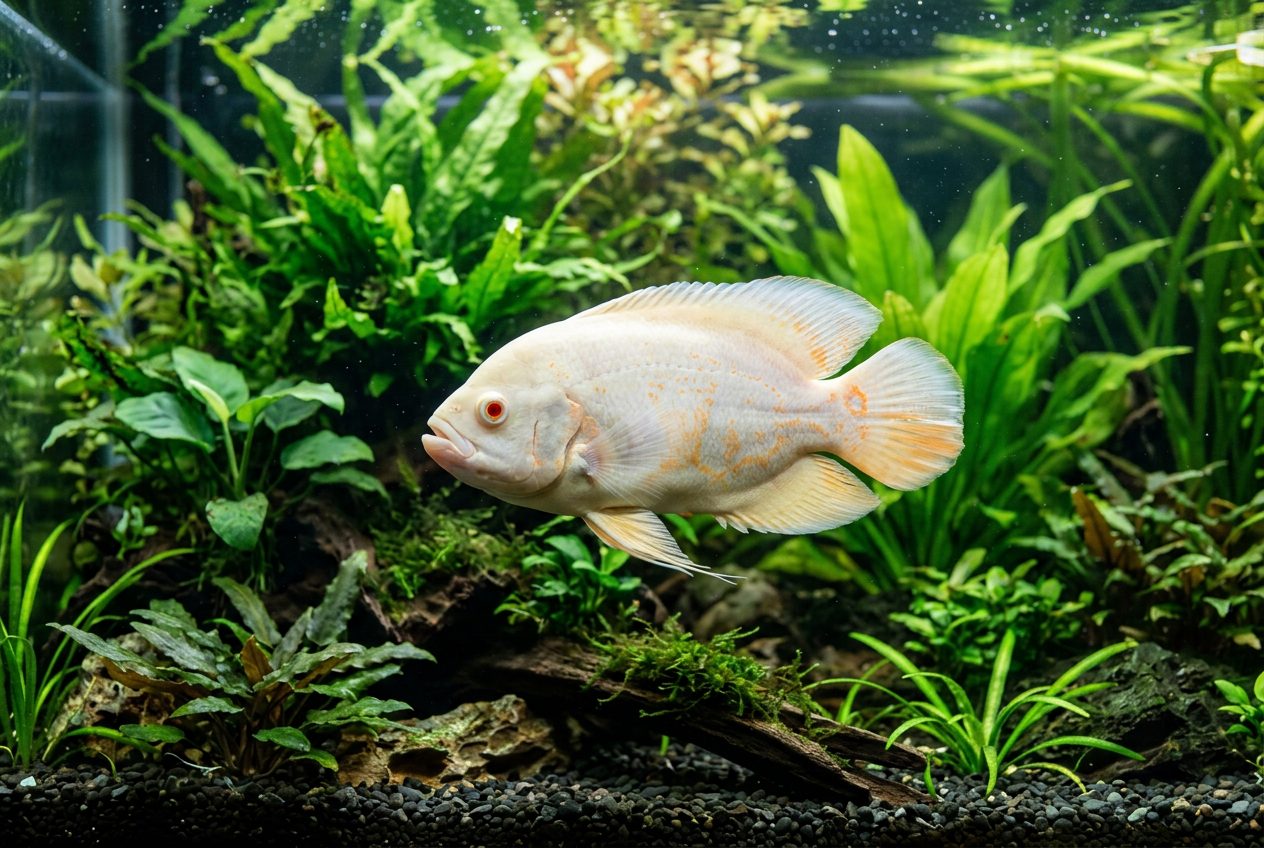Albino oscar fish with white body and red eyes in planted aquarium