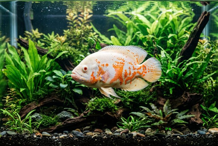 Albino oscar fish with white body and orange markings in planted aquarium
