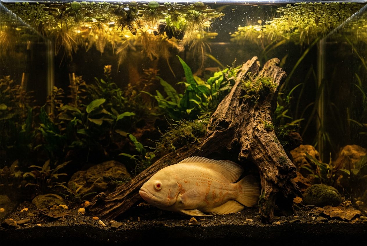 Close-up of albino oscar fish showing red eyes and orange-red pattern detail