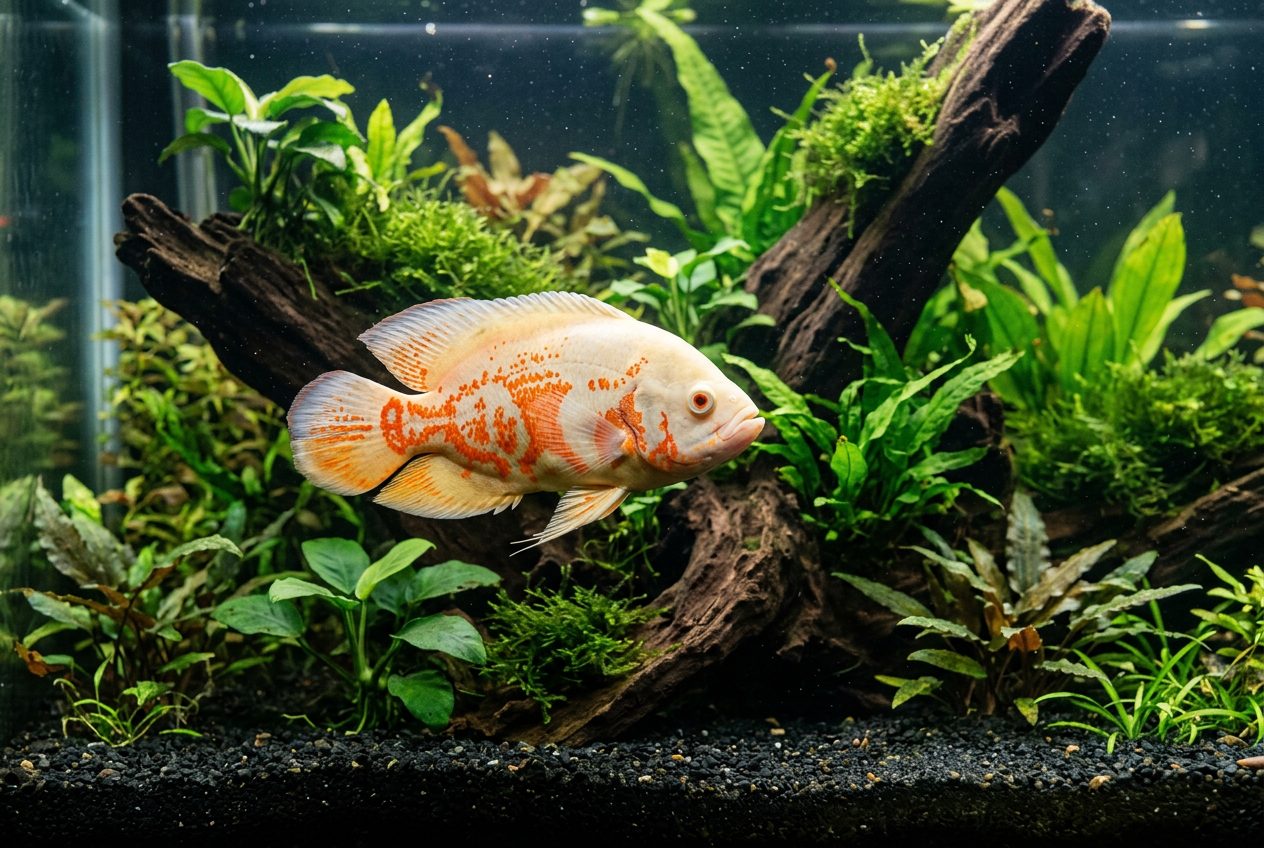 Albino tiger oscar fish with white body and vivid orange tiger stripe pattern