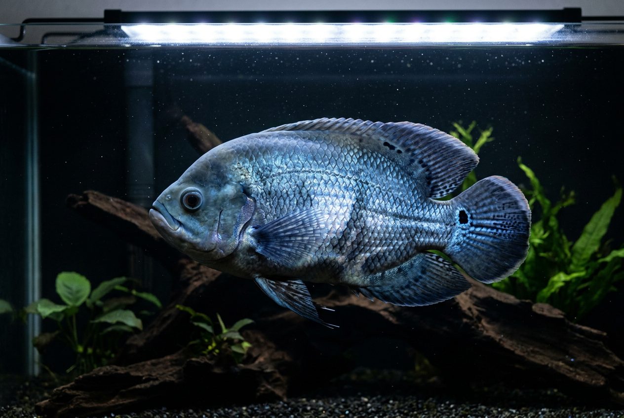 Rare blue oscar fish with metallic iridescent sheen on scales