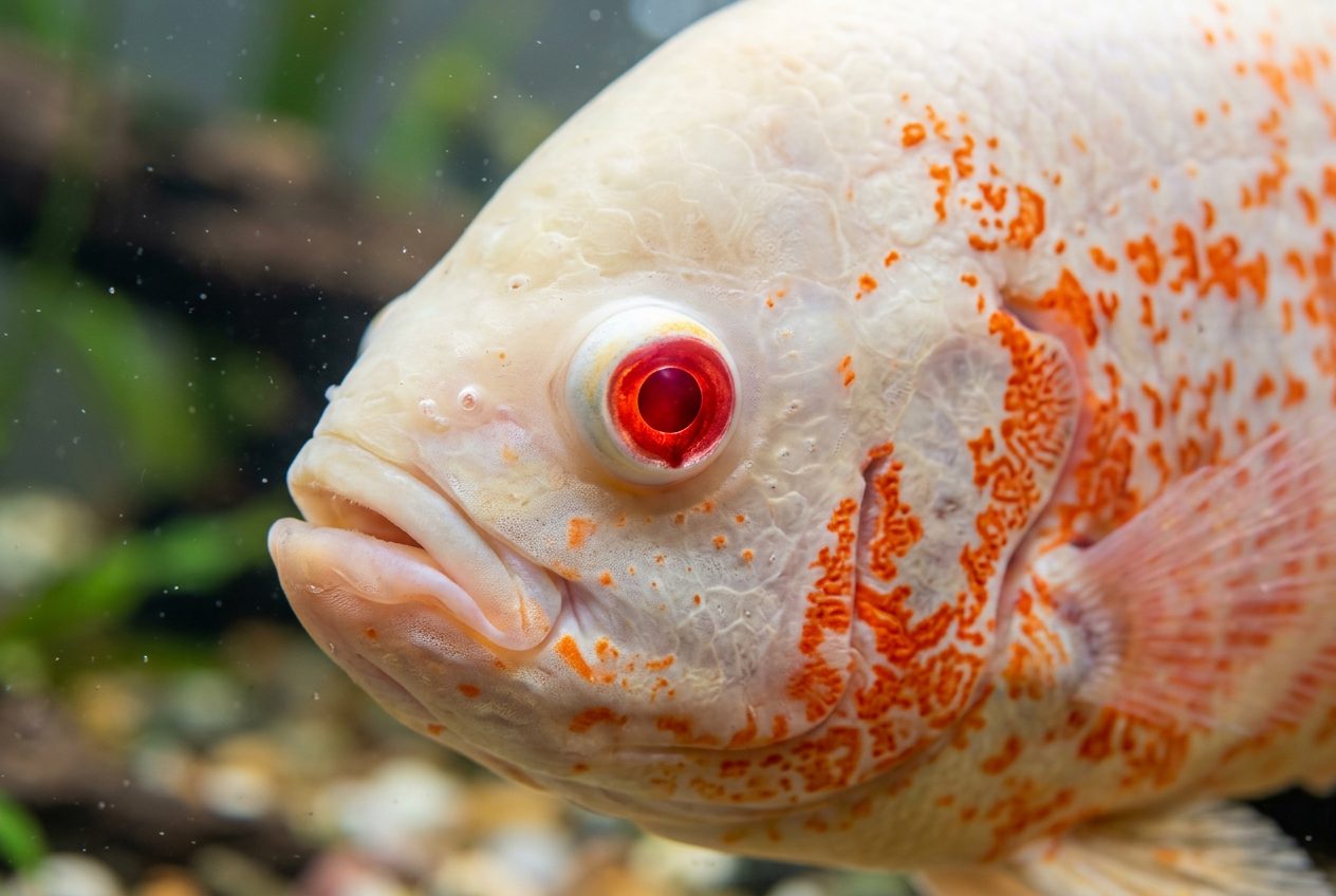 Young albino oscar fish juveniles in a fish store tank