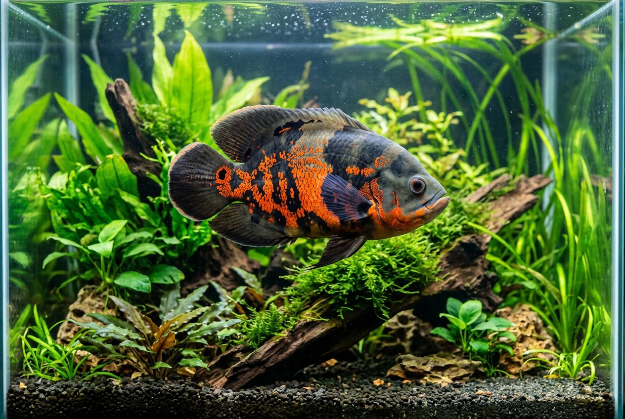 Young tiger oscar fish juveniles showing developing orange and black patterns