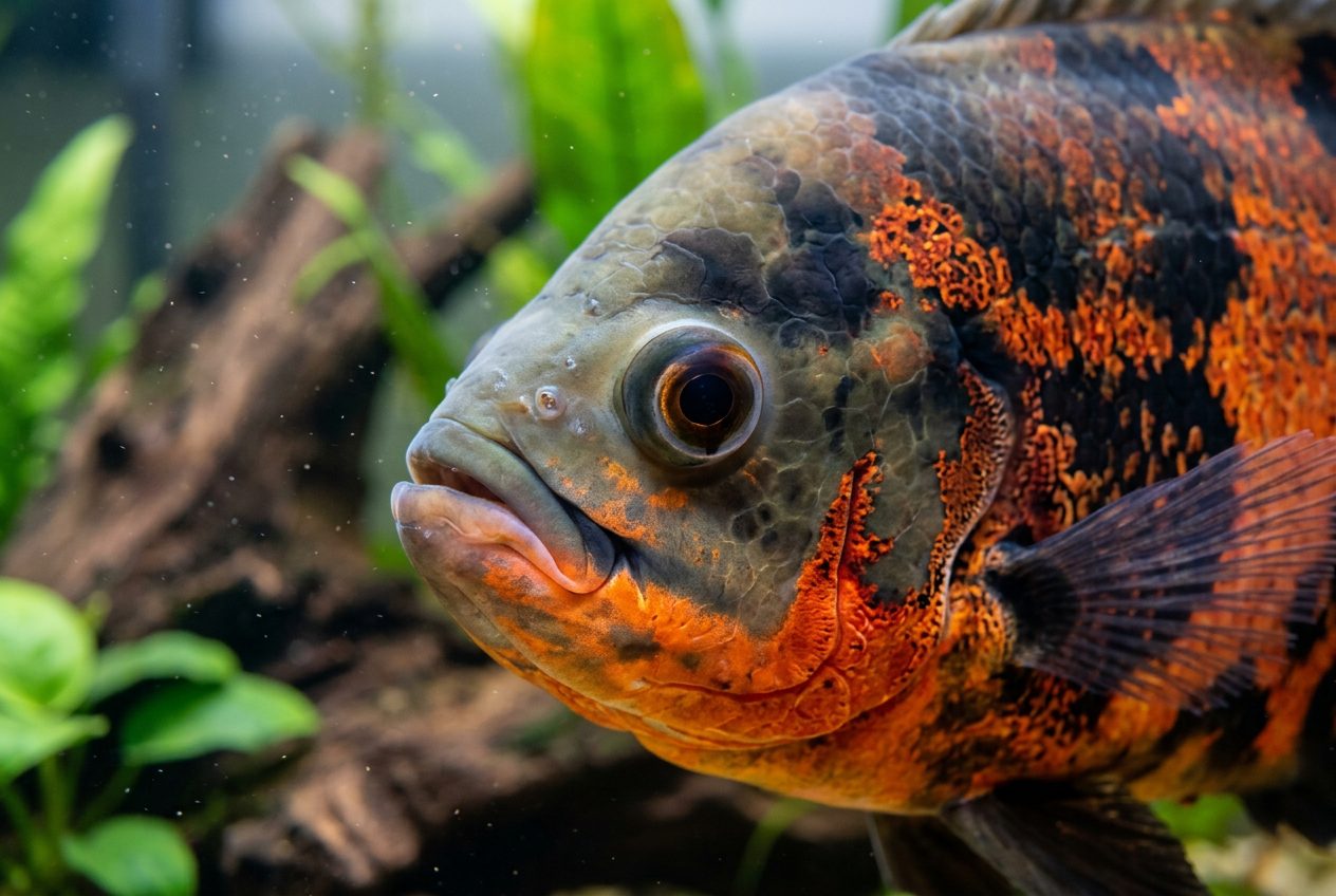 Close up macro view of oscar fish face showing detailed eye and vibrant patterns