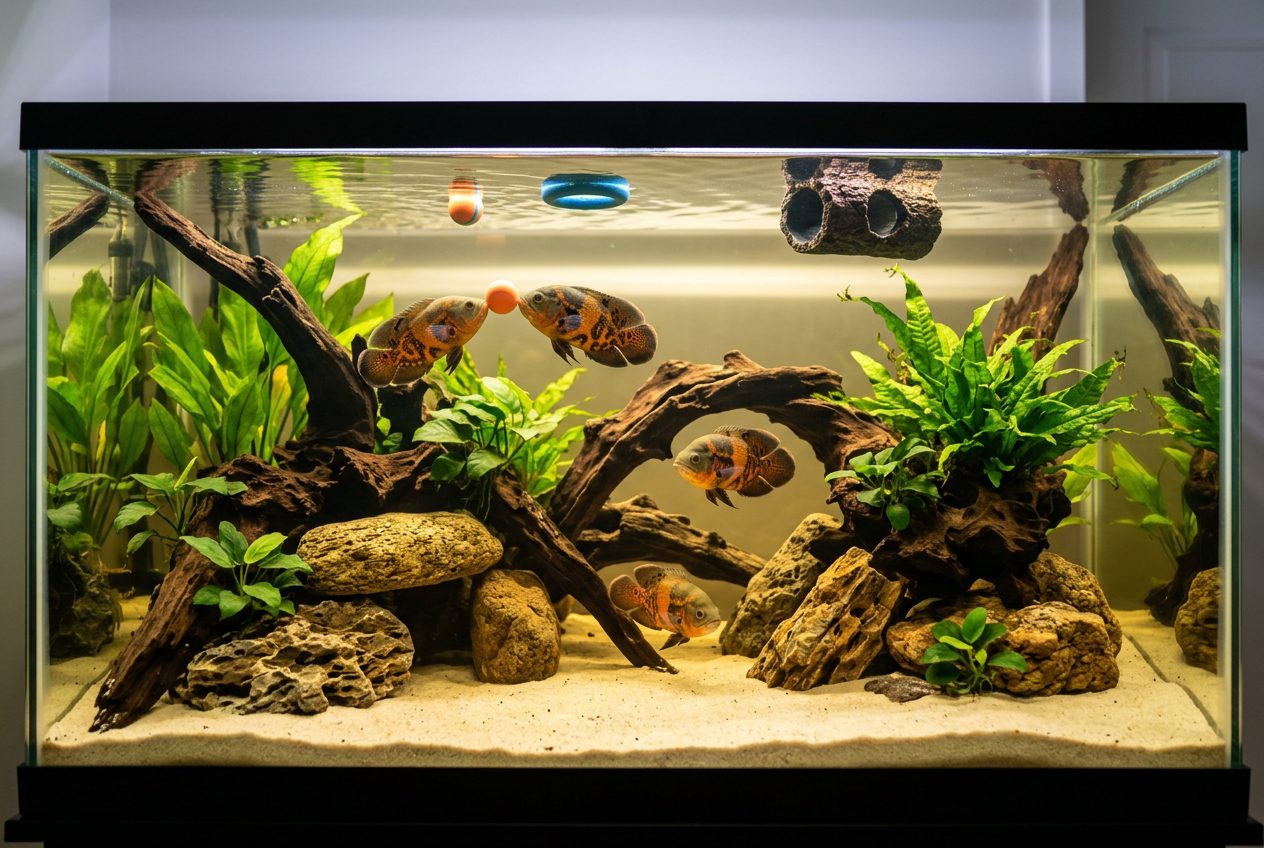 Well-designed enriched oscar fish tank with driftwood rocks and plants for mental stimulation