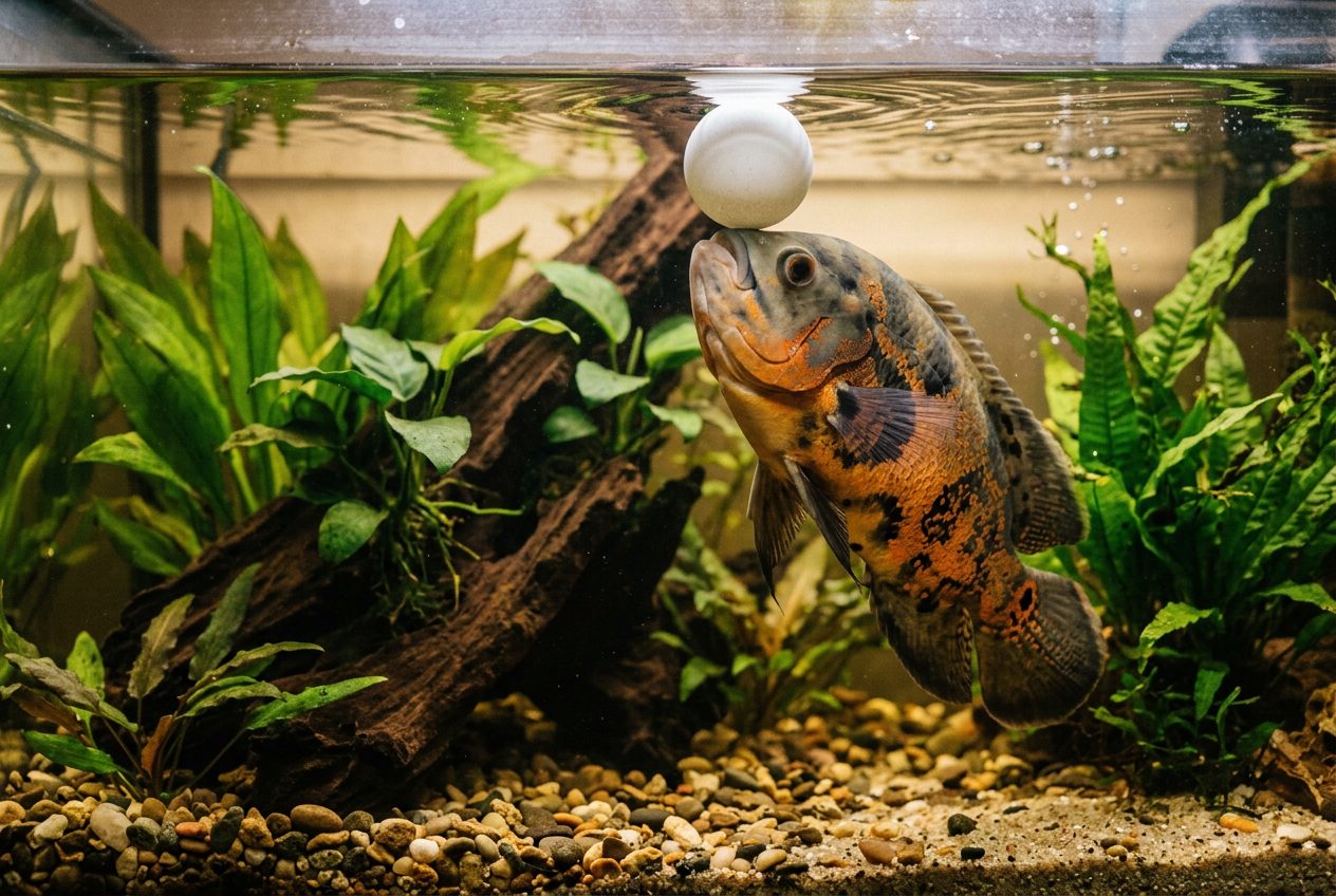 Oscar fish investigating a floating toy in enriched aquarium environment