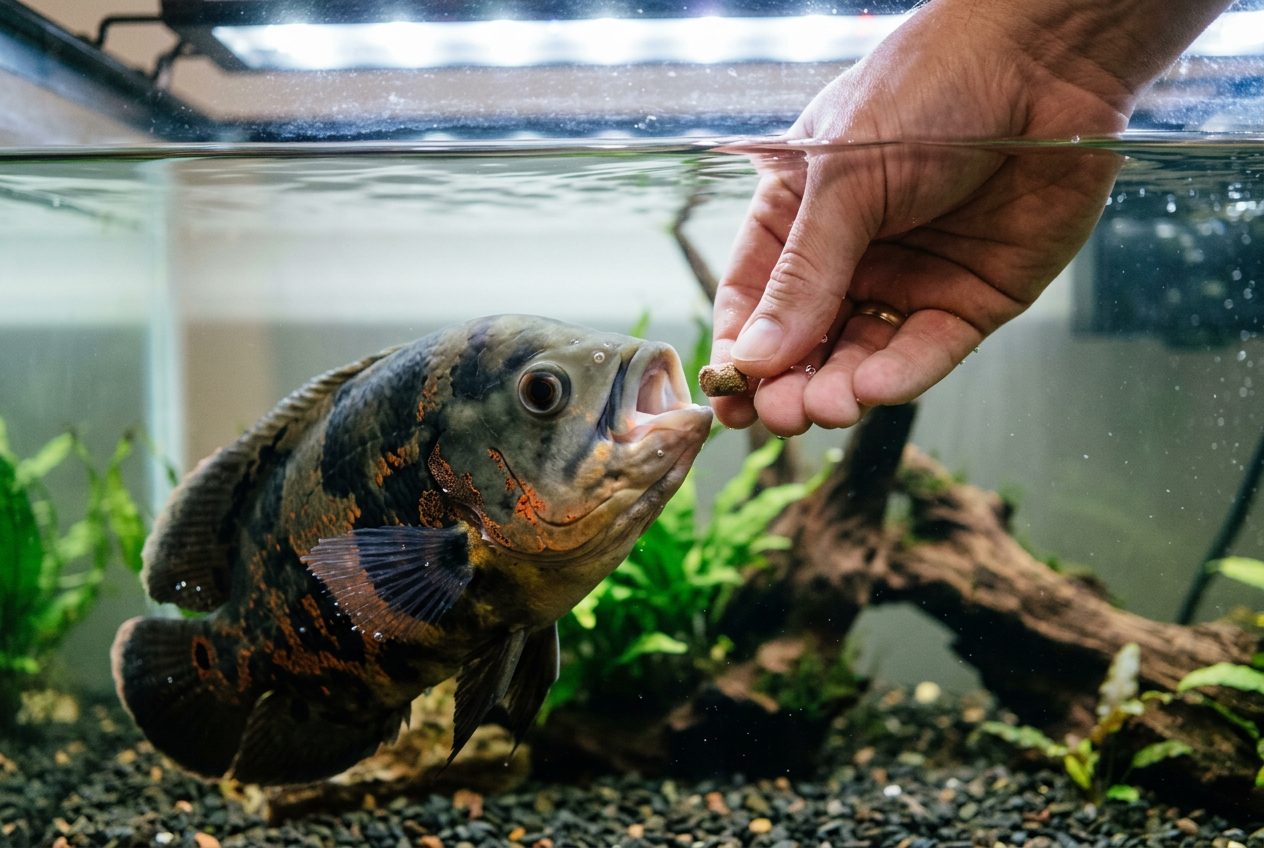 Oscar fish being hand fed by owner showing trust and bonding behavior
