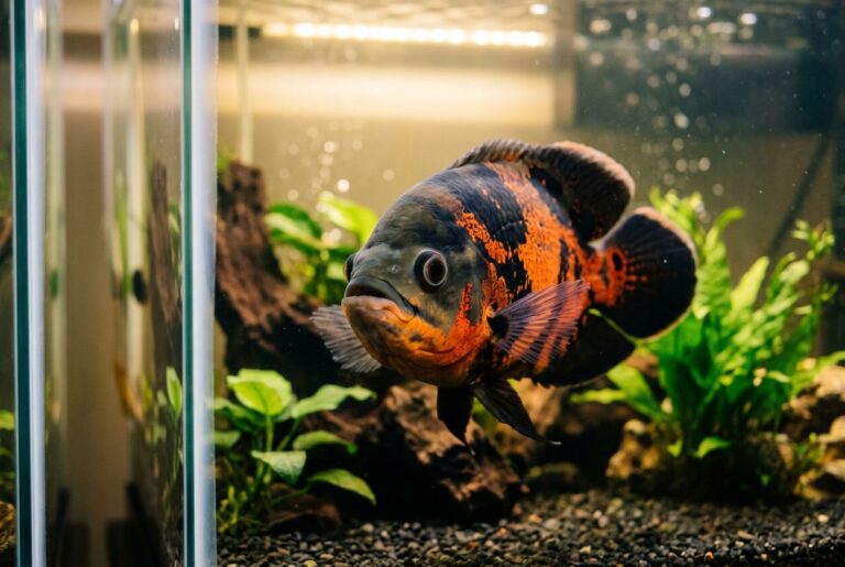 Oscar fish looking at camera with intelligent curious expression