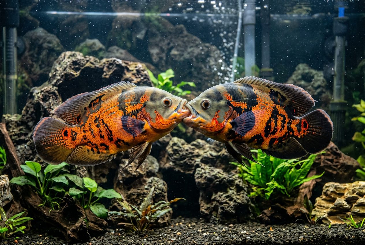 Two oscar fish jaw locking during territorial confrontation