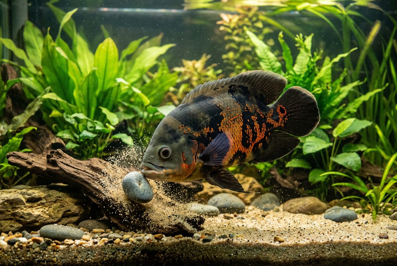 Oscar fish moving sand and rocks in aquarium tank showing redecorating behavior