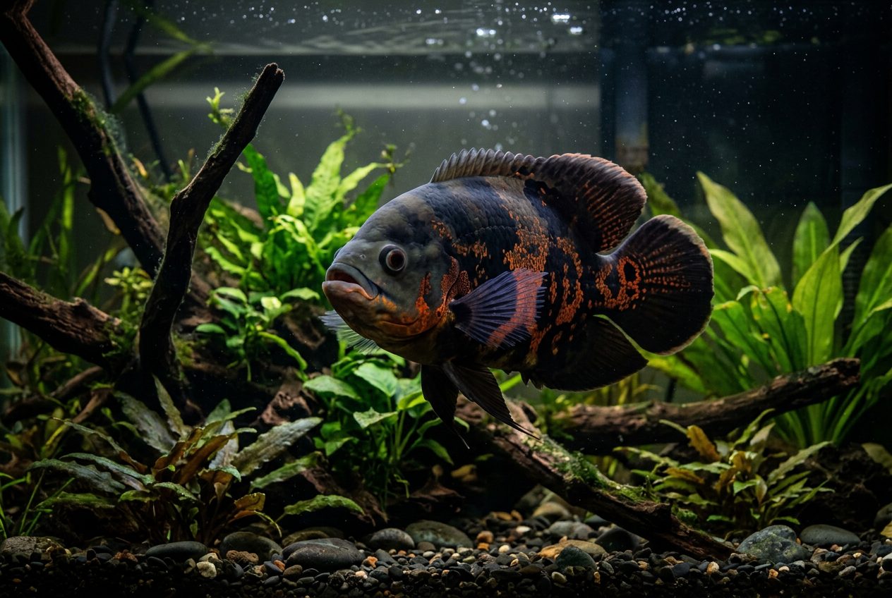 Oscar cichlid showing territorial aggression with flared gill covers and spread fins