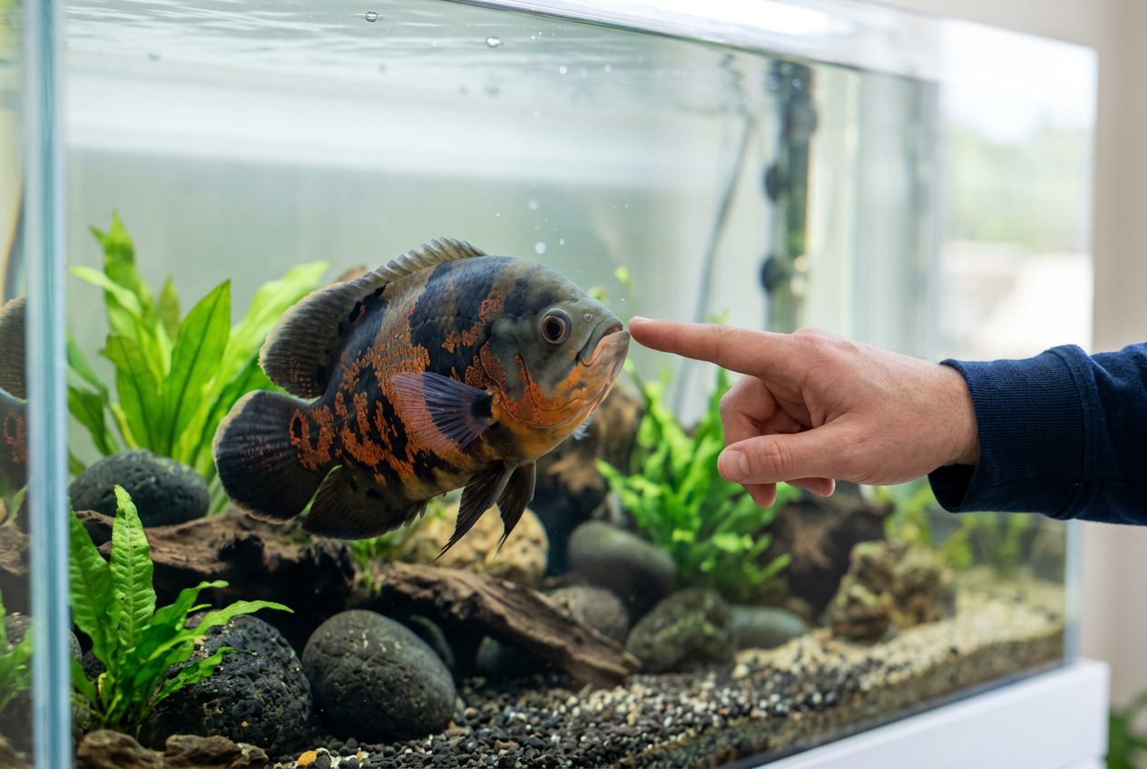 Oscar fish following a human finger along the glass during training session