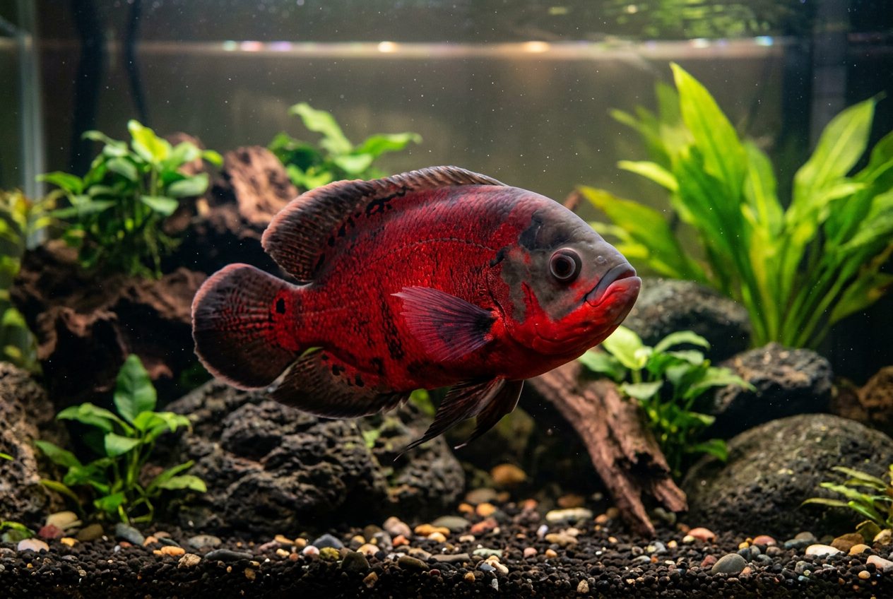Red oscar fish with deep crimson body coloring