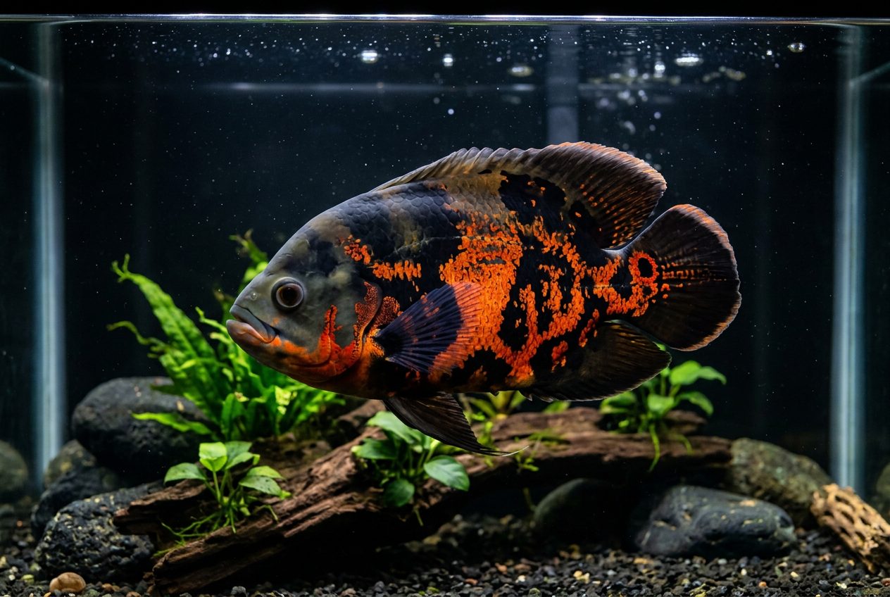 Close-up of a tiger oscar fish showing the intricate orange and black pattern detail