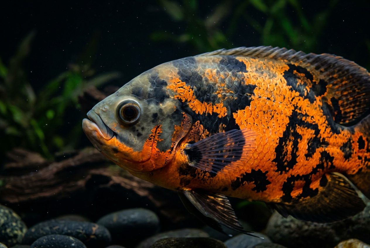 Tiger oscar fish showing bold orange and black striped pattern