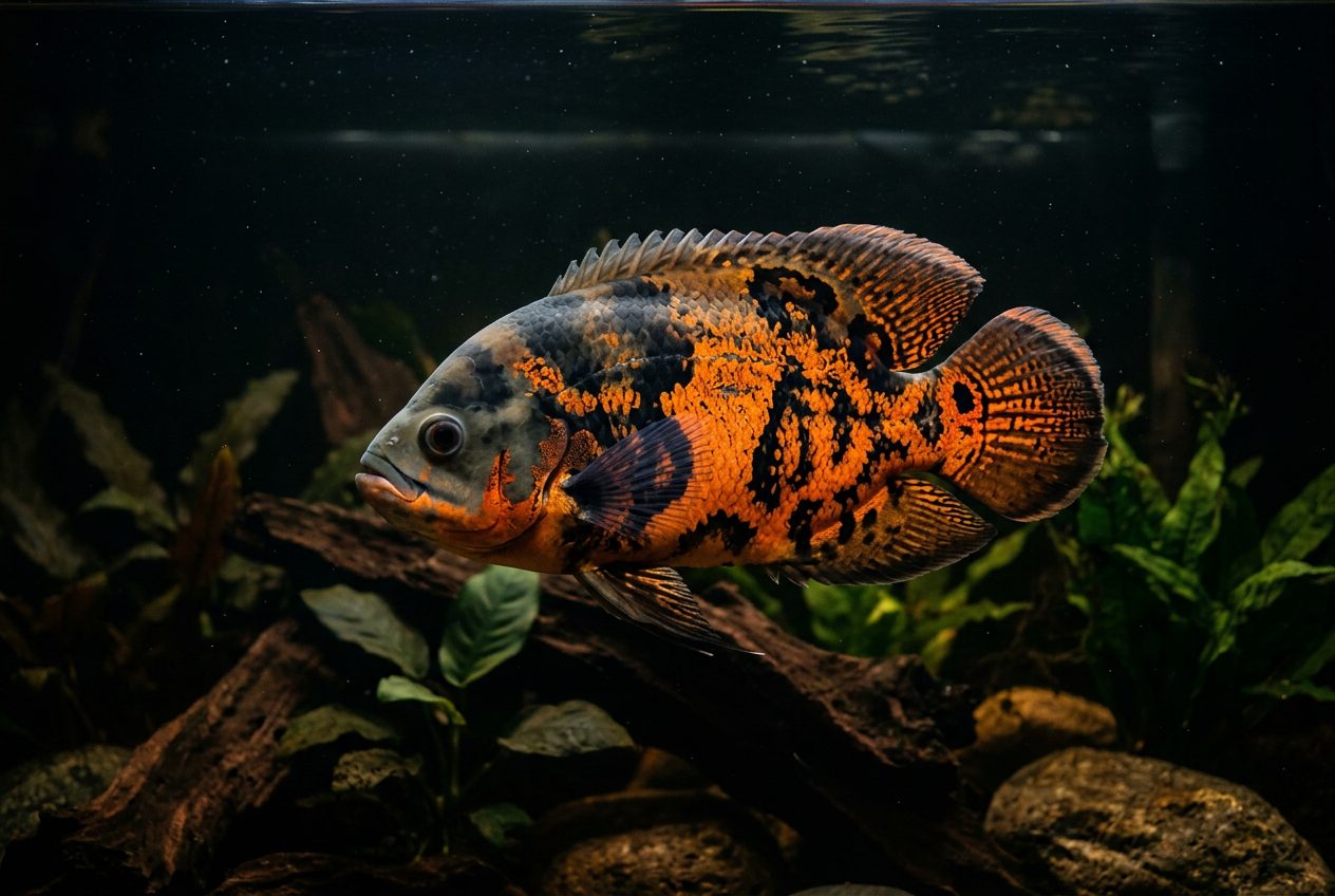 Tiger oscar fish with bold orange and black striped pattern in a large aquarium