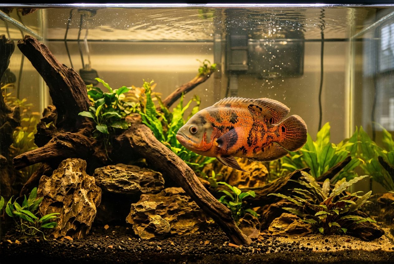 Tiger oscar fish swimming actively in a well-maintained aquarium
